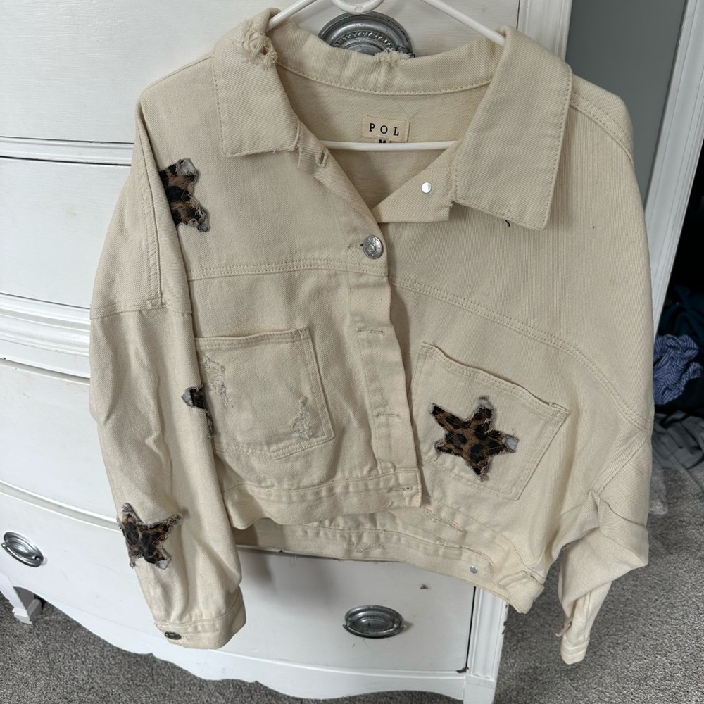 POL Cream Star-Embellished Jean Jacket